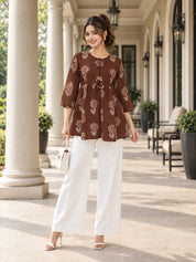 Brown Tie-Neck Floral Buta Peplum Short Kurti in Cotton