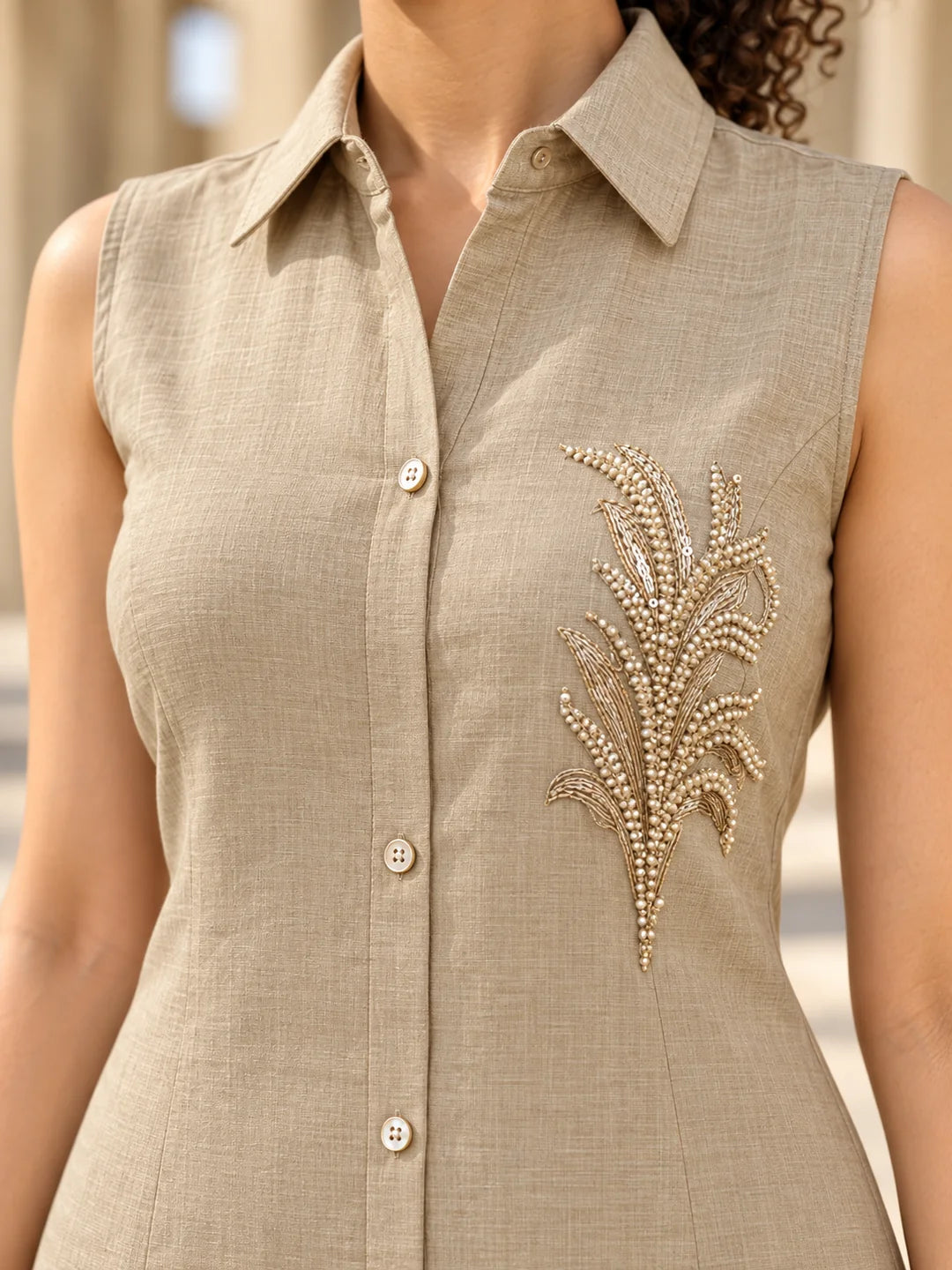 Beige Sleeveless Sequin Detail Kurta Set in Vatican Fabric