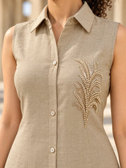 Beige Sleeveless Sequin Detail Kurta Set in Vatican Fabric
