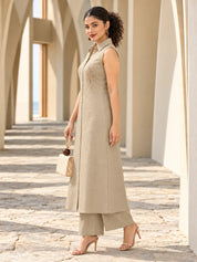 Beige Sleeveless Sequin Detail Kurta Set in Vatican Fabric