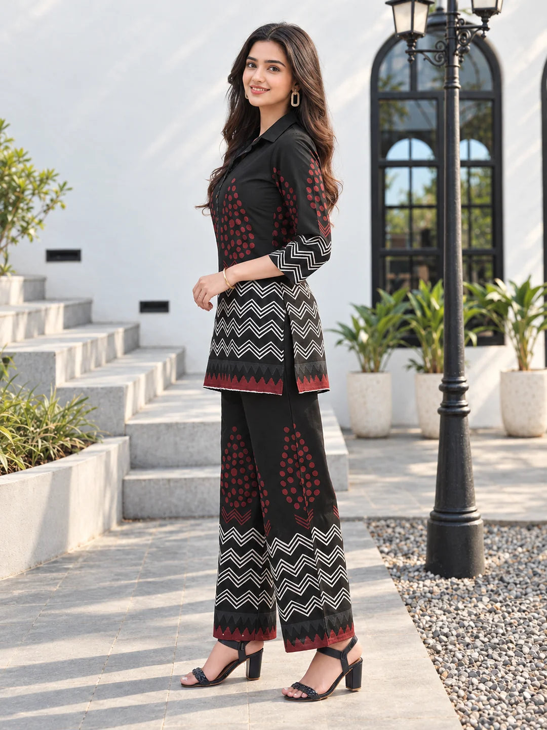 Black Zigzag & Red Dot Printed Co-ord Set in Cotton