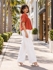 Orange Gathered Bust Tie-Hem Cropped Shirt Top in Cotton