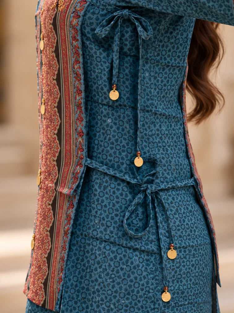 Blue & Plum Traditional Print 3-Piece Co-ord Set in Muslin