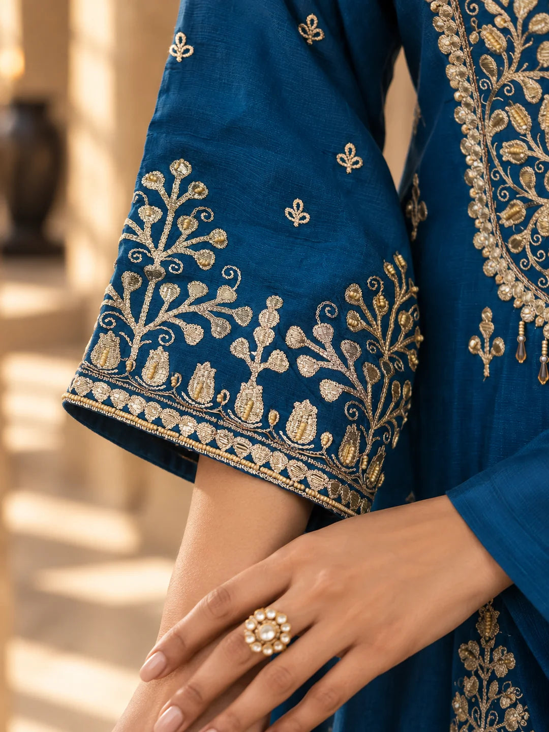 Cobalt Blue Bead Embroidered Kurta Set with Dupatta in Crepe