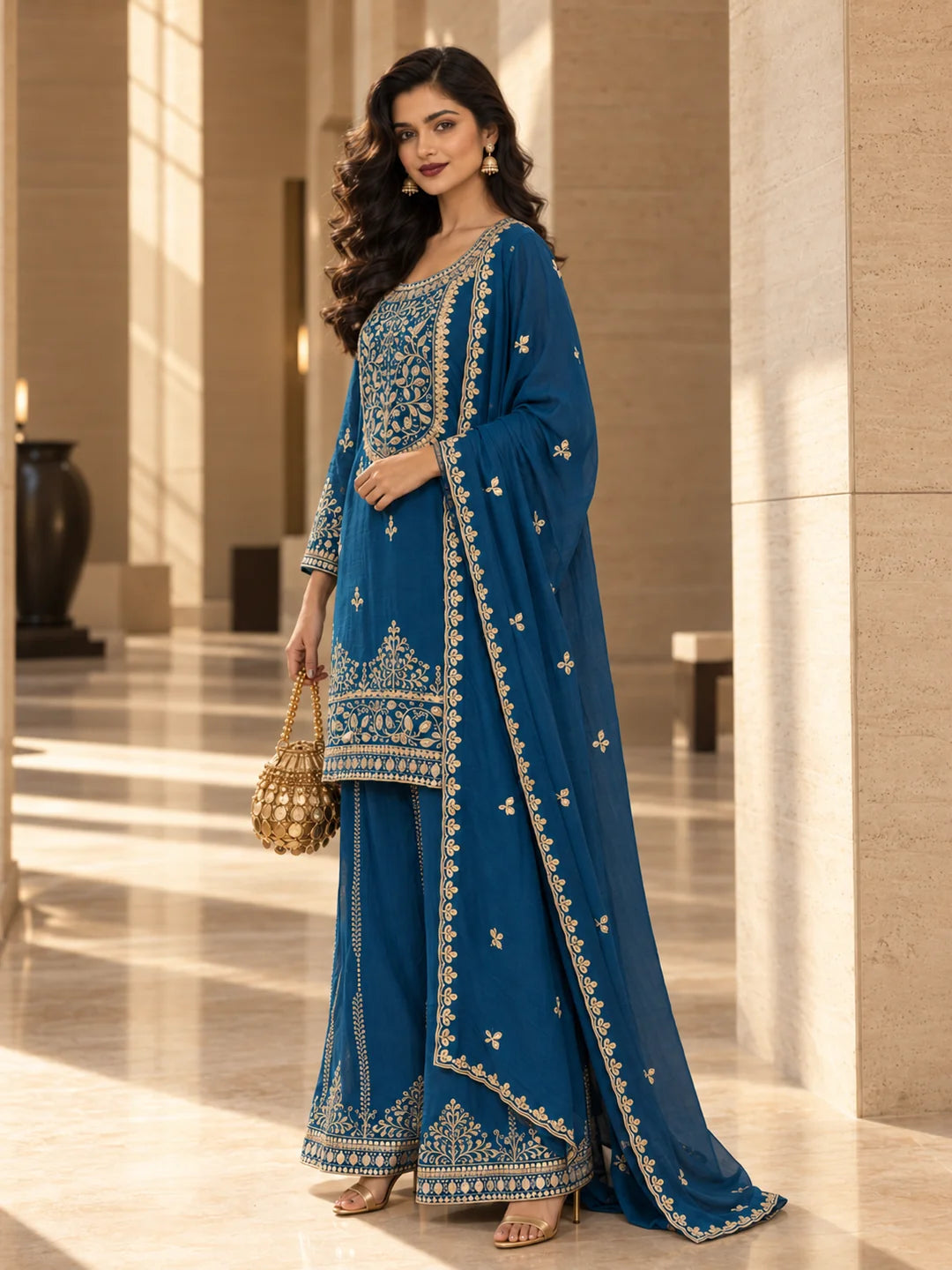 Cobalt Blue Bead Embroidered Kurta Set with Dupatta in Crepe