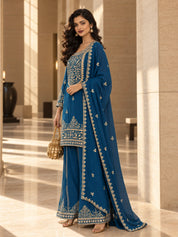 Cobalt Blue Bead Embroidered Kurta Set with Dupatta in Crepe