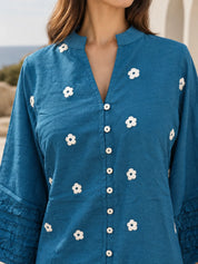 Blue Floral Buti Embroidered Co-ord Set in Rayon Flex