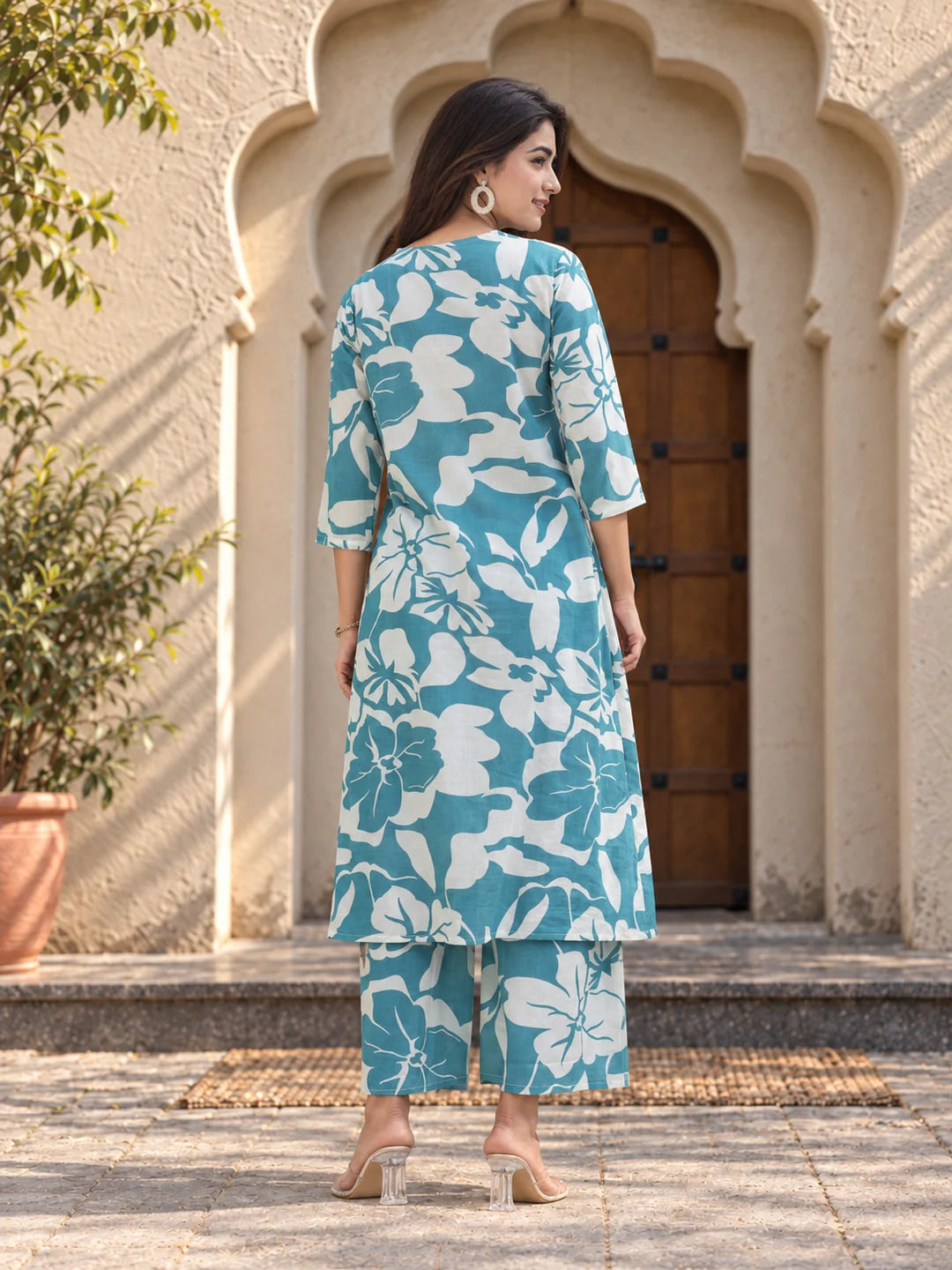 Conjunto Coordinado de Algodón Estampado Floral Azul Cielo