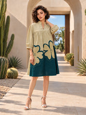 Green and Beige Floral Panel Dress in Cotton Flex