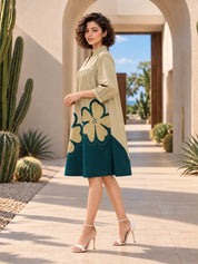 Green and Beige Floral Panel Dress in Cotton Flex