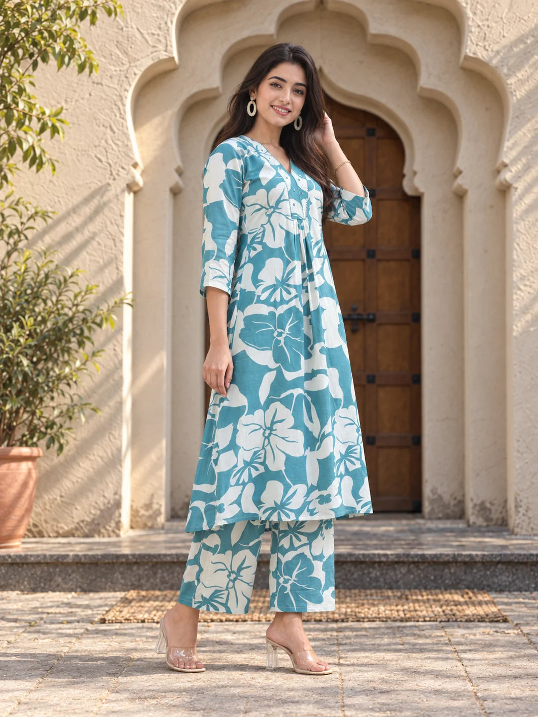 Conjunto Coordinado de Algodón Estampado Floral Azul Cielo