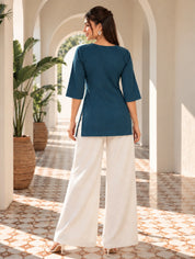 Peacock Green Embroidered Yoke Short Kurti in Rayon