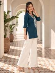 Peacock Green Embroidered Yoke Short Kurti in Rayon