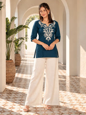 Peacock Green Embroidered Yoke Short Kurti in Rayon