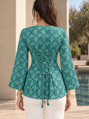 Light Blue Criss-Cross Tie Geometric Floral Jaal Short Kurti in Cotton