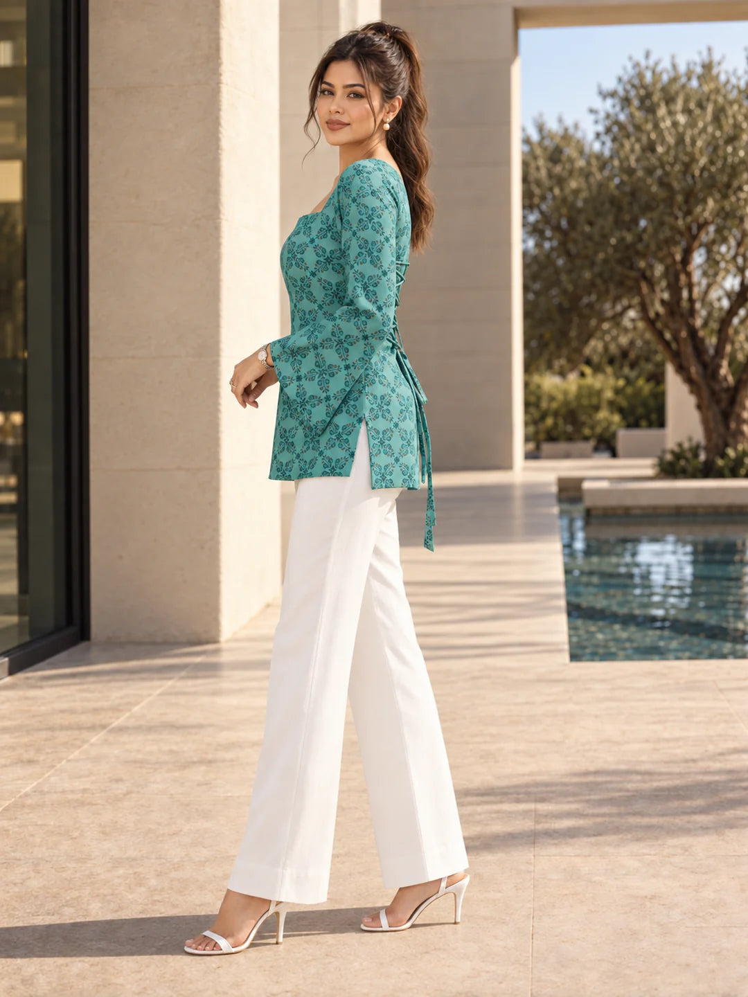 Light Blue Criss-Cross Tie Geometric Floral Jaal Short Kurti in Cotton
