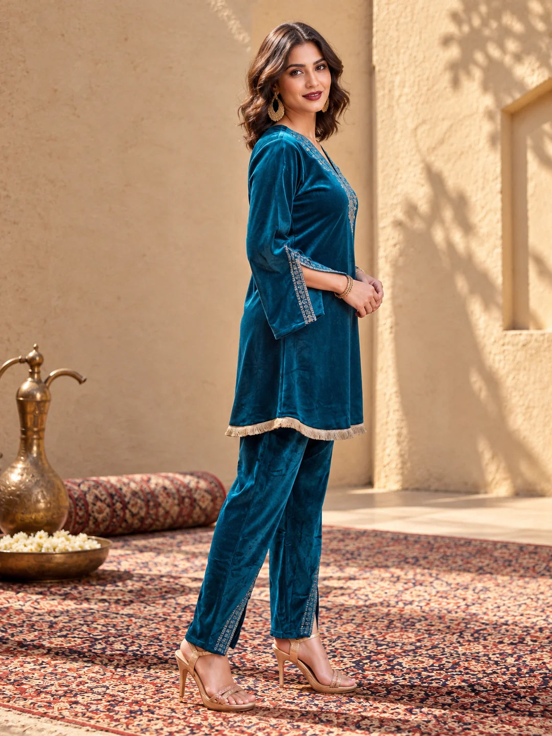 Velvet Embroidered Bell Sleeve Co-ord Set in Navy Blue