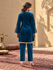 Velvet Embroidered Bell Sleeve Co-ord Set in Navy Blue
