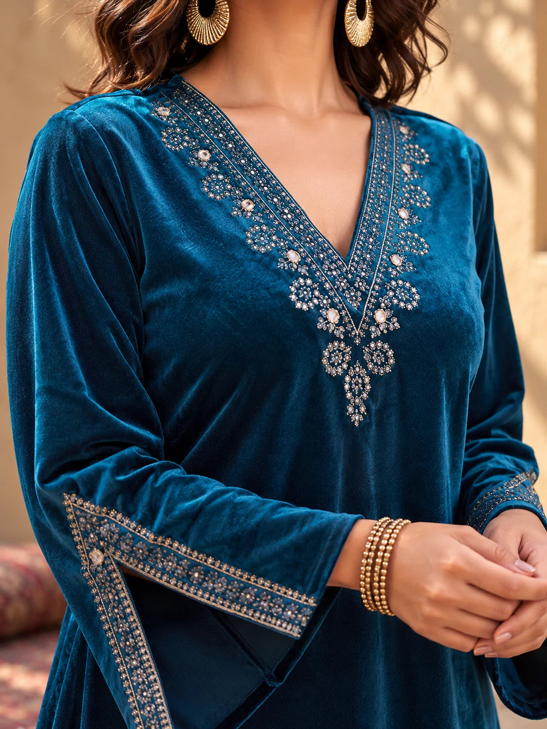 Velvet Embroidered Bell Sleeve Co-ord Set in Navy Blue