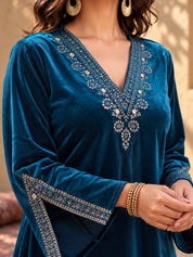 Velvet Embroidered Bell Sleeve Co-ord Set in Navy Blue