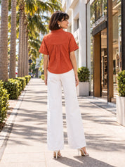 Orange Gathered Bust Tie-Hem Cropped Shirt Top in Cotton