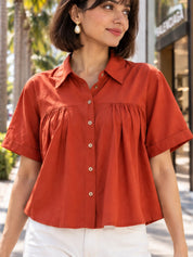 Orange Gathered Bust Tie-Hem Cropped Shirt Top in Cotton