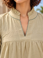Green and Beige Floral Panel Dress in Cotton Flex