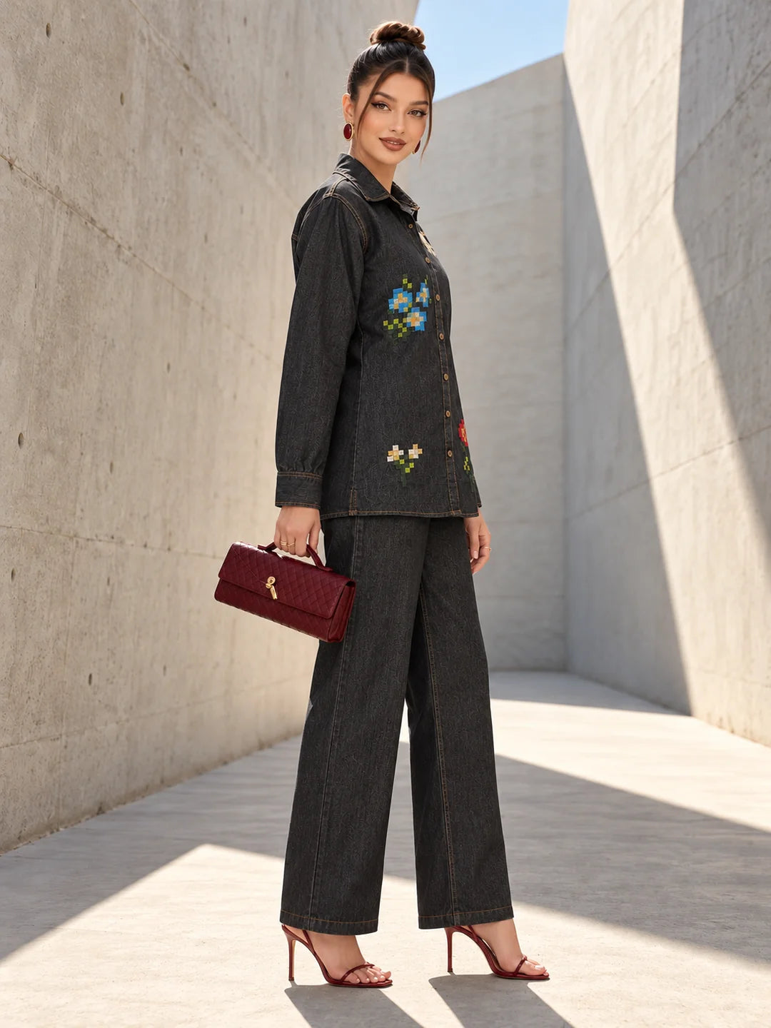 Charcoal Black Lego Cross-Stitch Co-ord Set in Cotton Denim