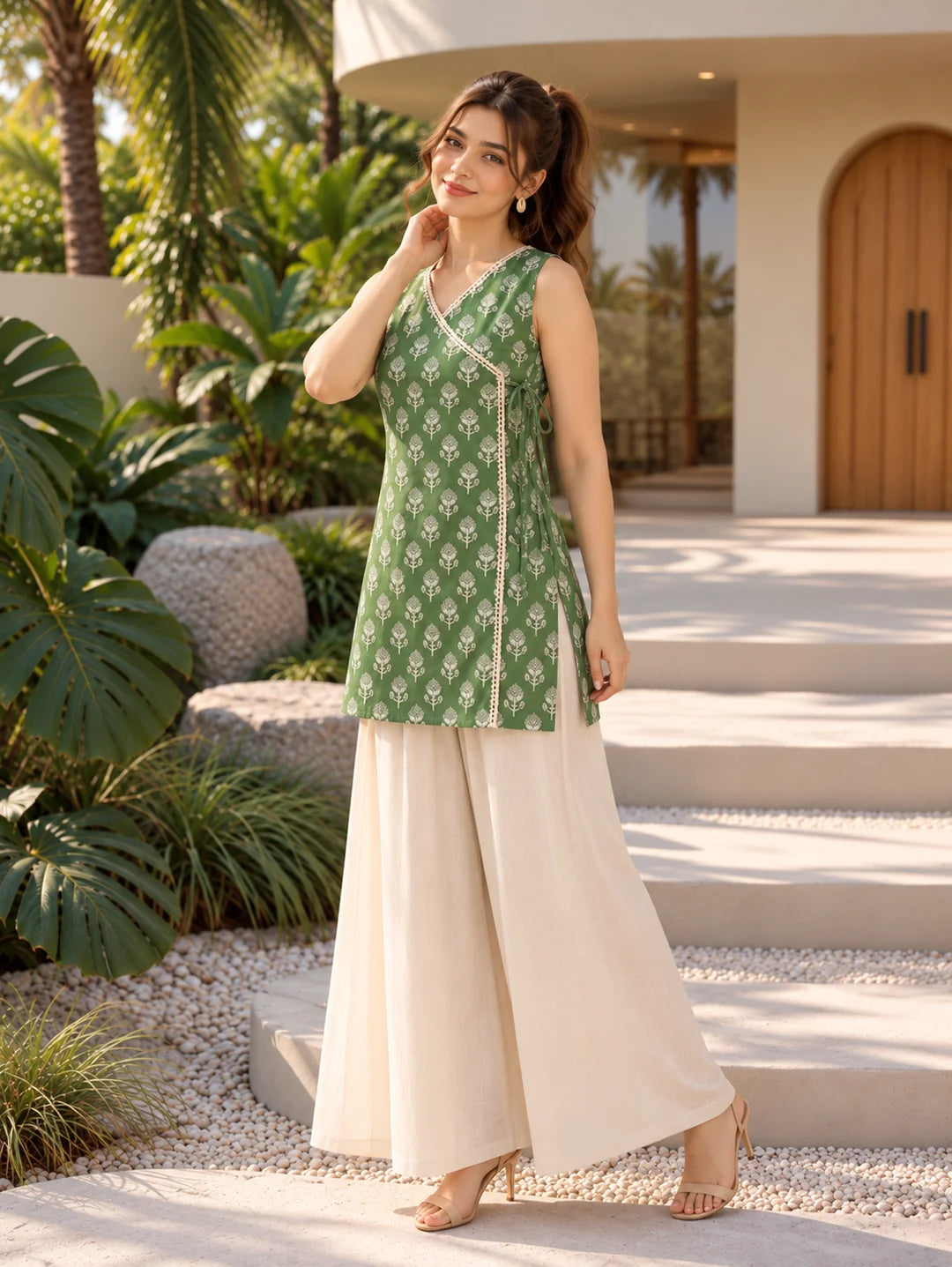 Light Green Angrakha Style Floral Buti Short Kurti in Cotton