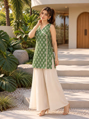 Light Green Angrakha Style Floral Buti Short Kurti in Cotton