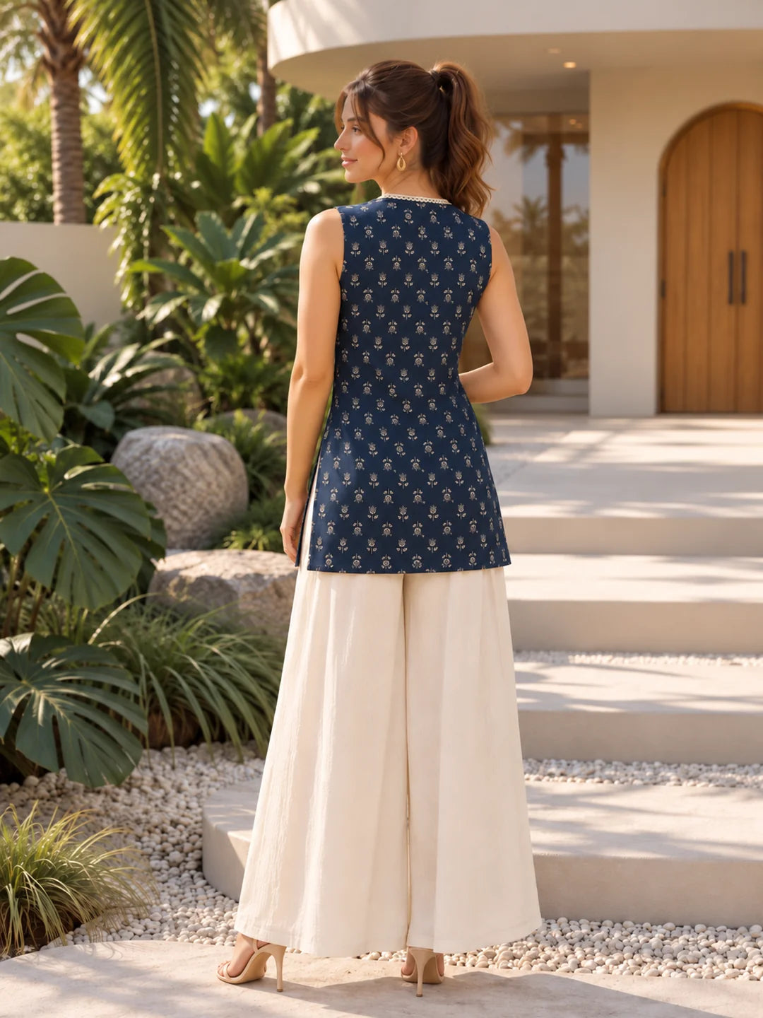 Slate Blue Angrakha Style Floral Buti Short Kurti in Cotton