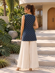 Slate Blue Angrakha Style Floral Buti Short Kurti in Cotton