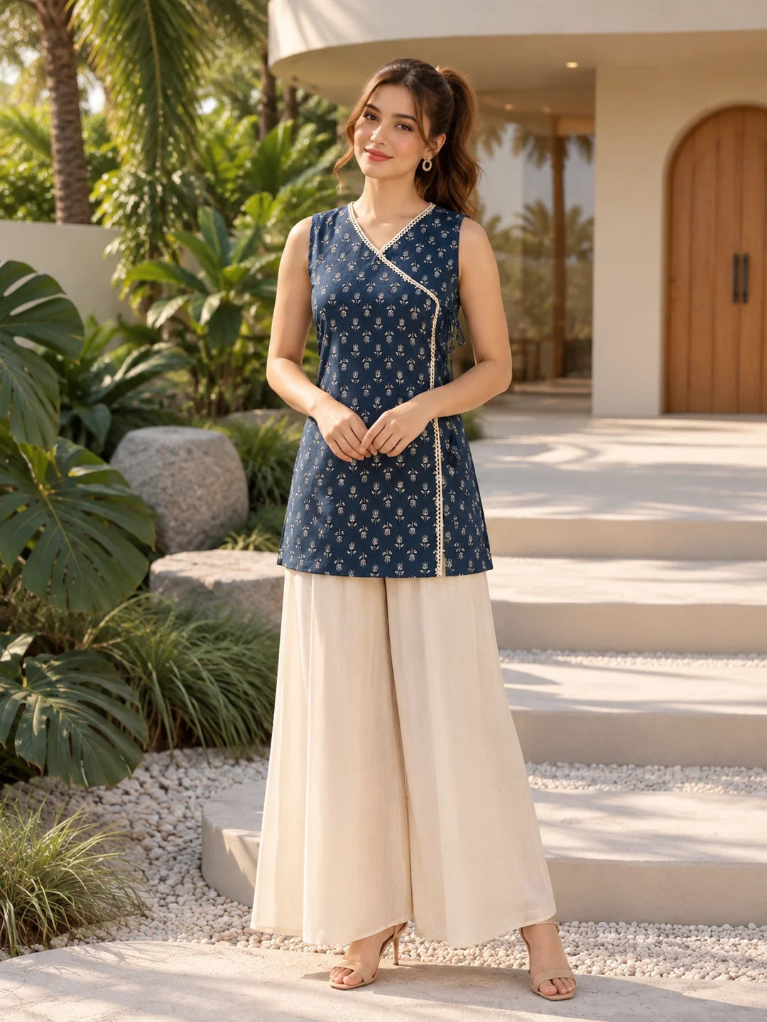Slate Blue Angrakha Style Floral Buti Short Kurti in Cotton
