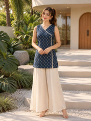 Slate Blue Angrakha Style Floral Buti Short Kurti in Cotton