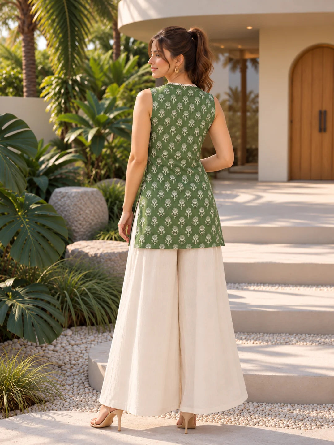 Light Green Angrakha Style Floral Buti Short Kurti in Cotton