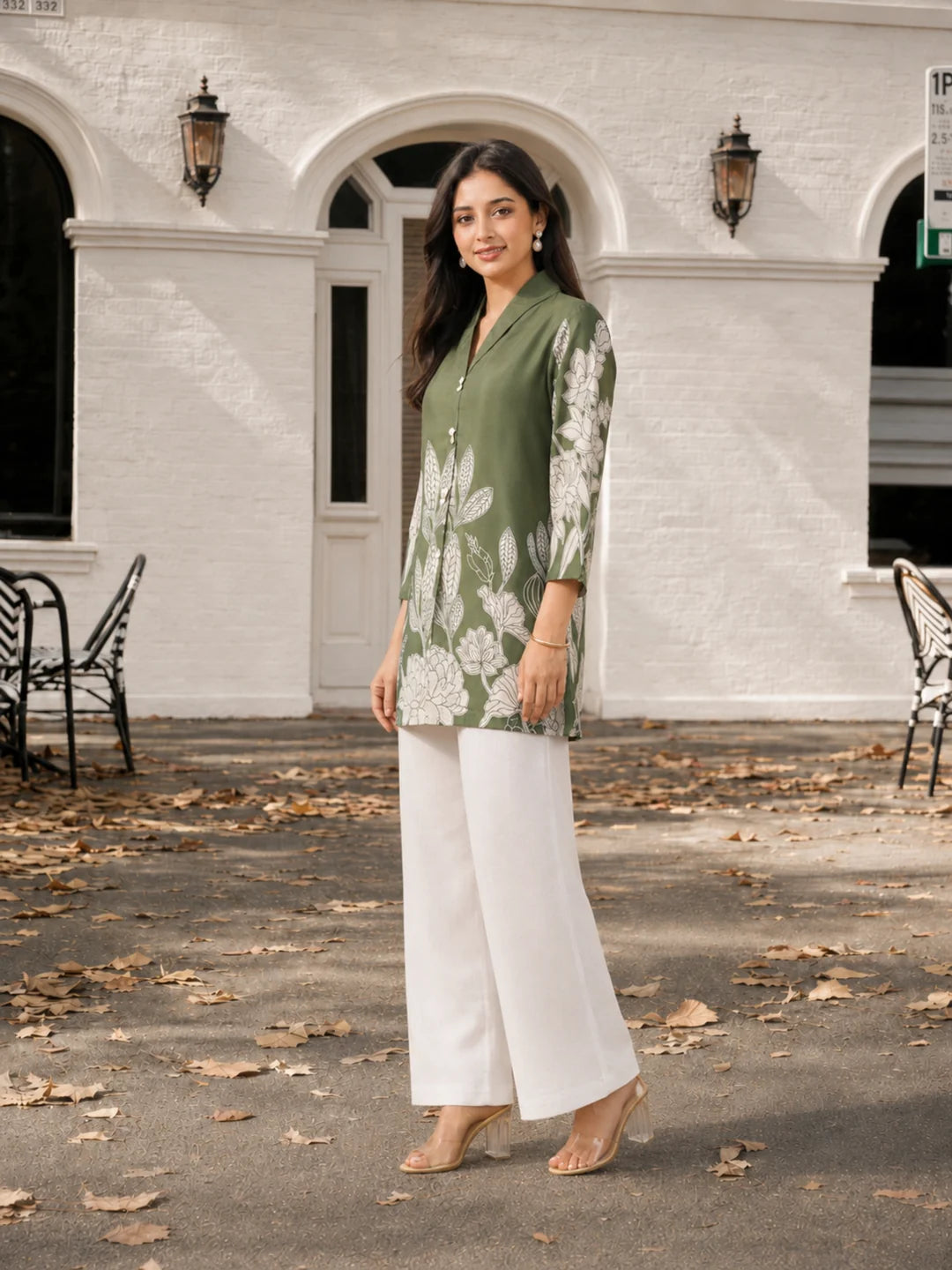 Olive Green Floral Print Shirt in Russian Silk with Shell Buttons