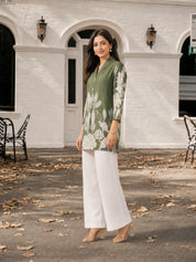 Olive Green Floral Print Shirt in Russian Silk with Shell Buttons