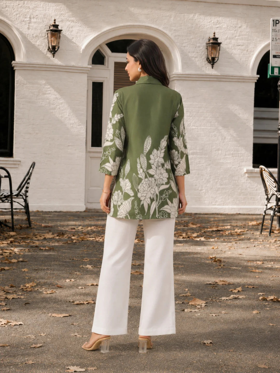 Olive Green Floral Print Shirt in Russian Silk with Shell Buttons