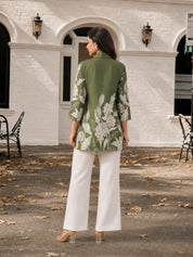 Olive Green Floral Print Shirt in Russian Silk with Shell Buttons