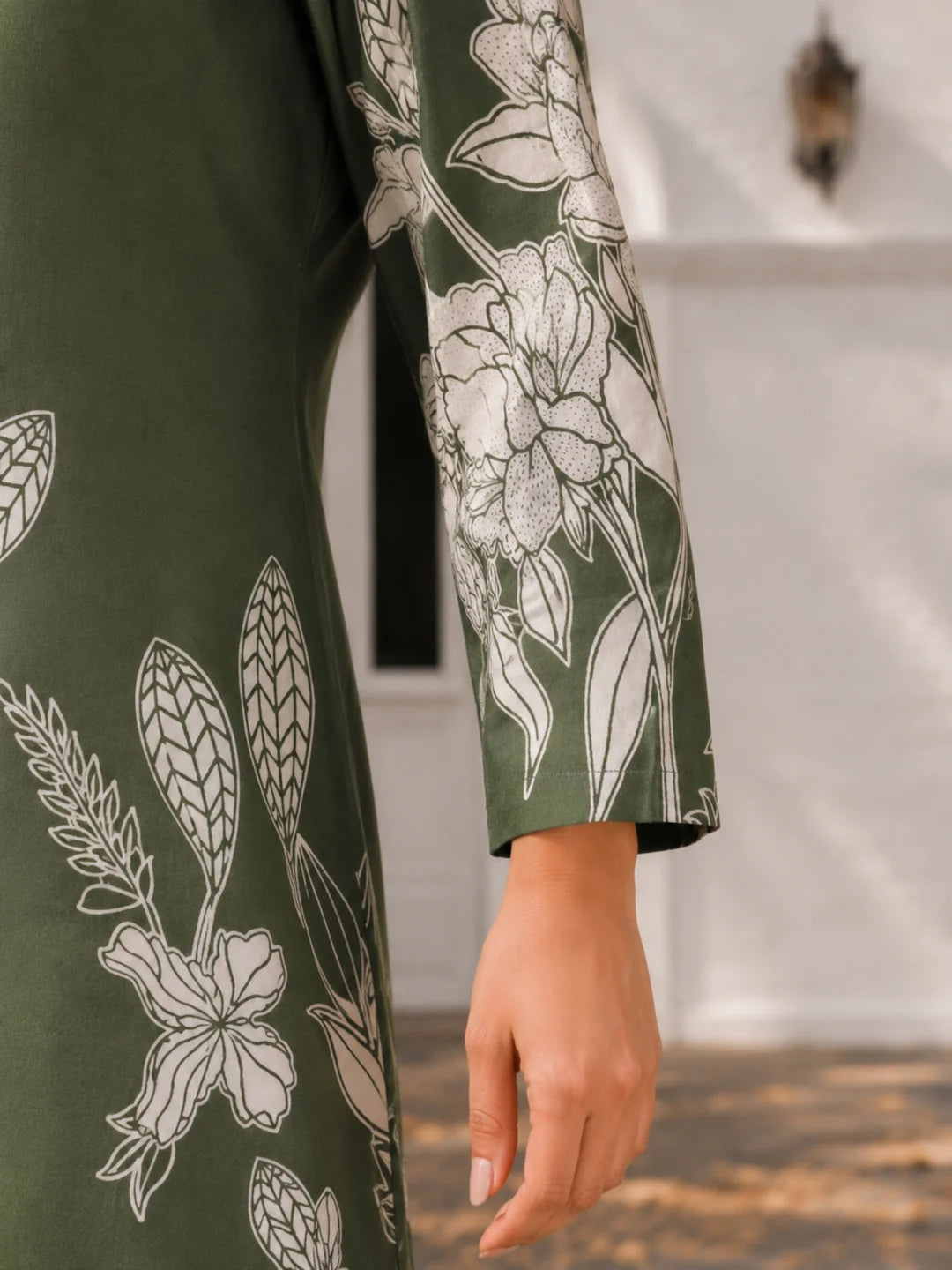 Olive Green Floral Print Shirt in Russian Silk with Shell Buttons