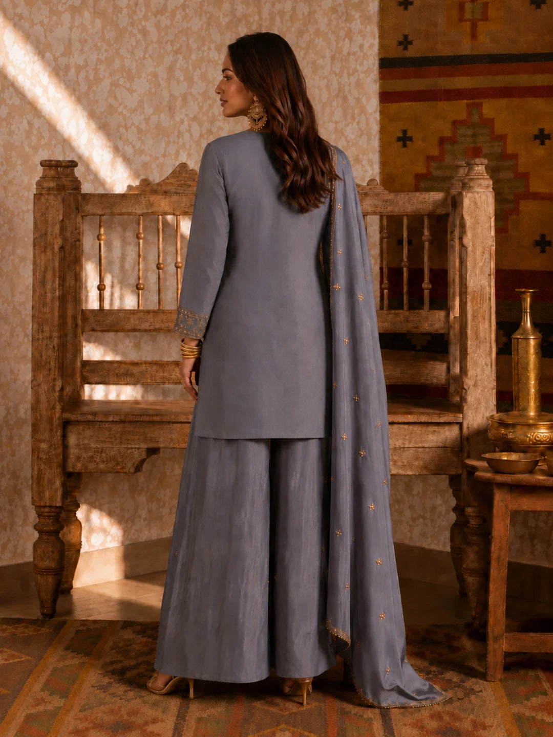 Slate Blue Embroidered Tissue Kurta Set with Dupatta