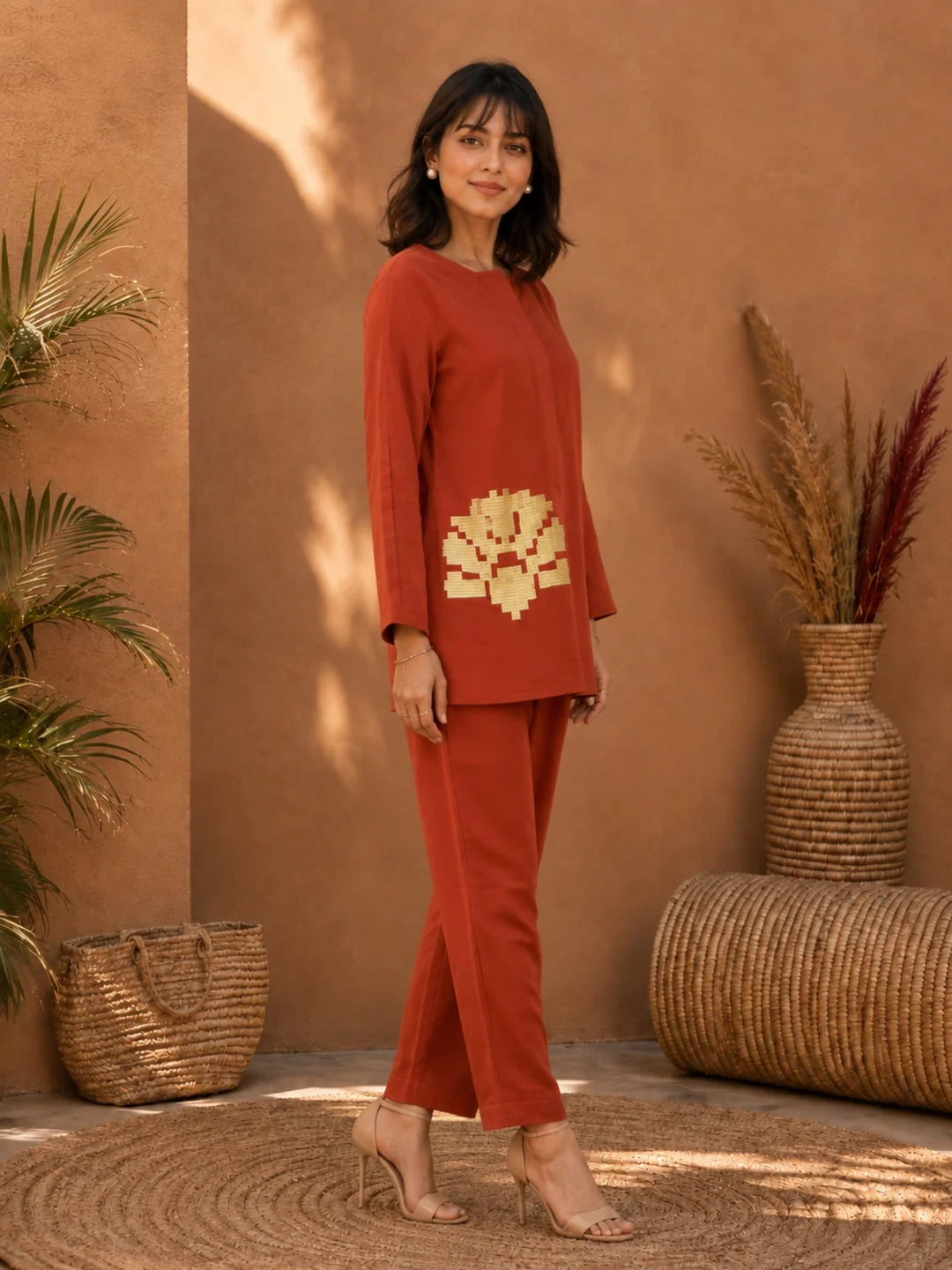 Rust Co-ord Set with Geometric Embroidery in Cotton Flex
