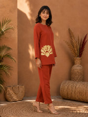 Rust Co-ord Set with Geometric Embroidery in Cotton Flex