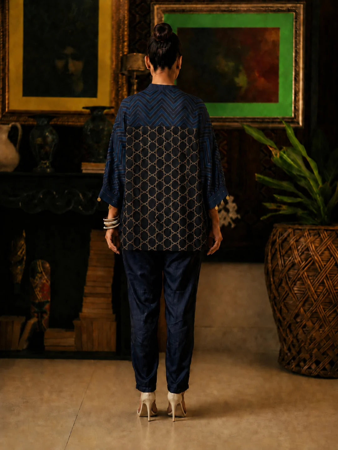 Navy Blue & Black Geometric Printed Anti-Fit Eagle Style Co-ord Set in Crepe