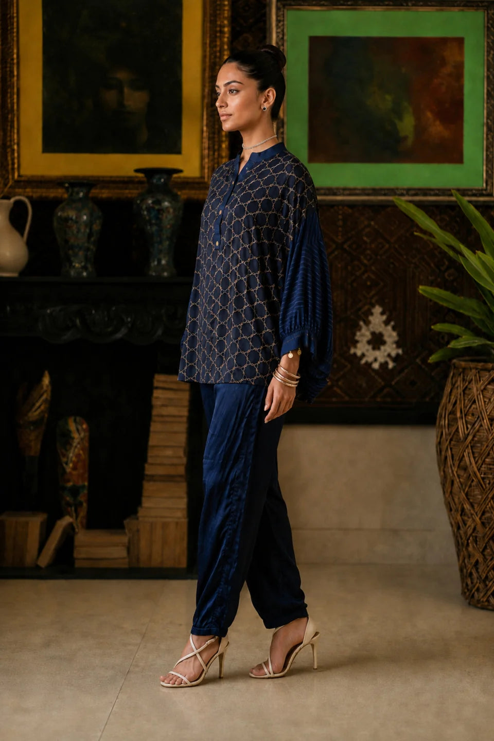 Navy Blue & Black Geometric Printed Anti-Fit Eagle Style Co-ord Set in Crepe