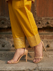 Yellow Kurta Set with V-Neck Lace Detailing & Farsi-Bottom Pants in Crepe