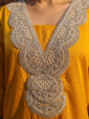 Yellow Kurta Set with V-Neck Lace Detailing & Farsi-Bottom Pants in Crepe