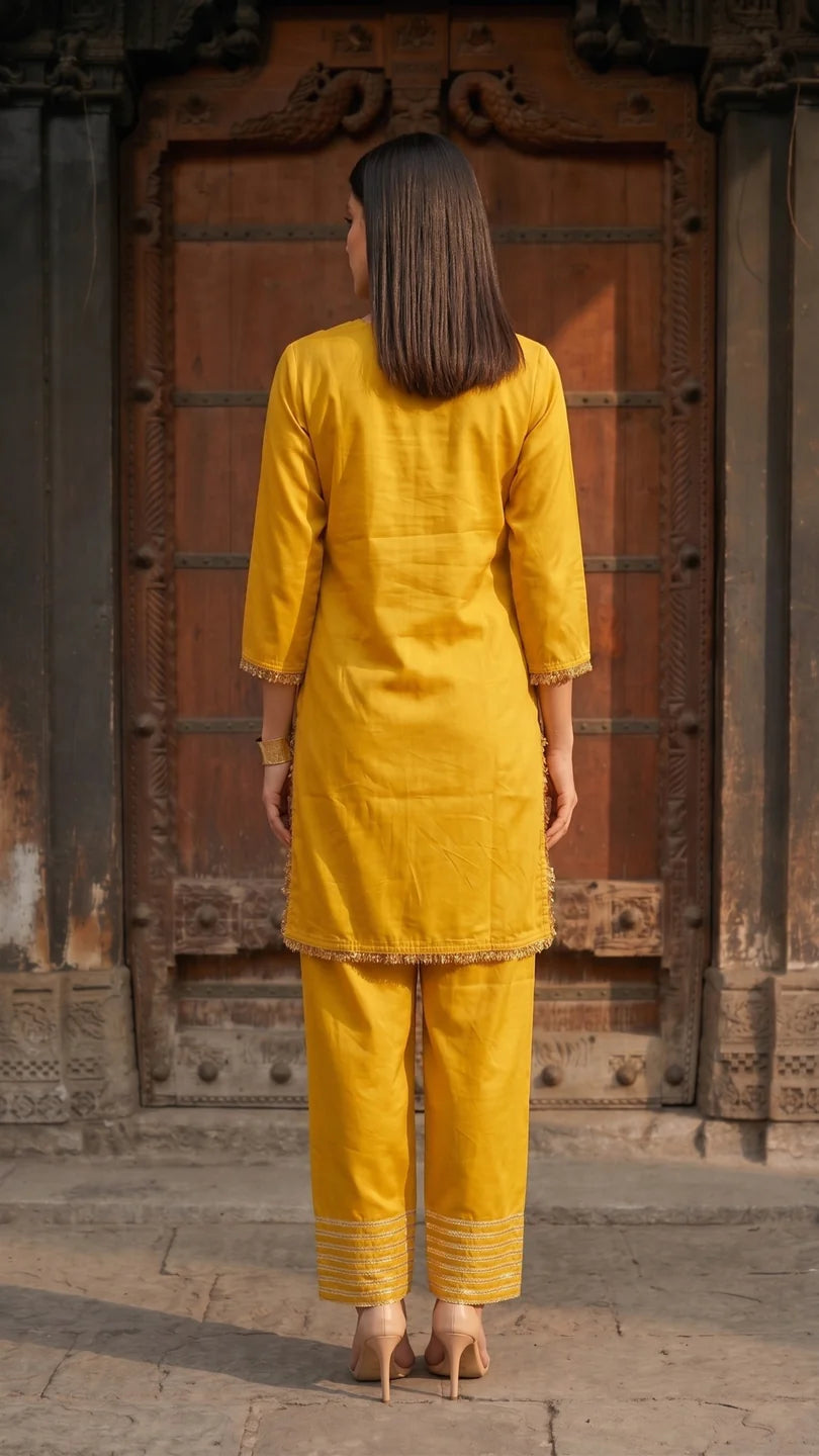 Yellow Kurta Set with V-Neck Lace Detailing & Farsi-Bottom Pants in Crepe