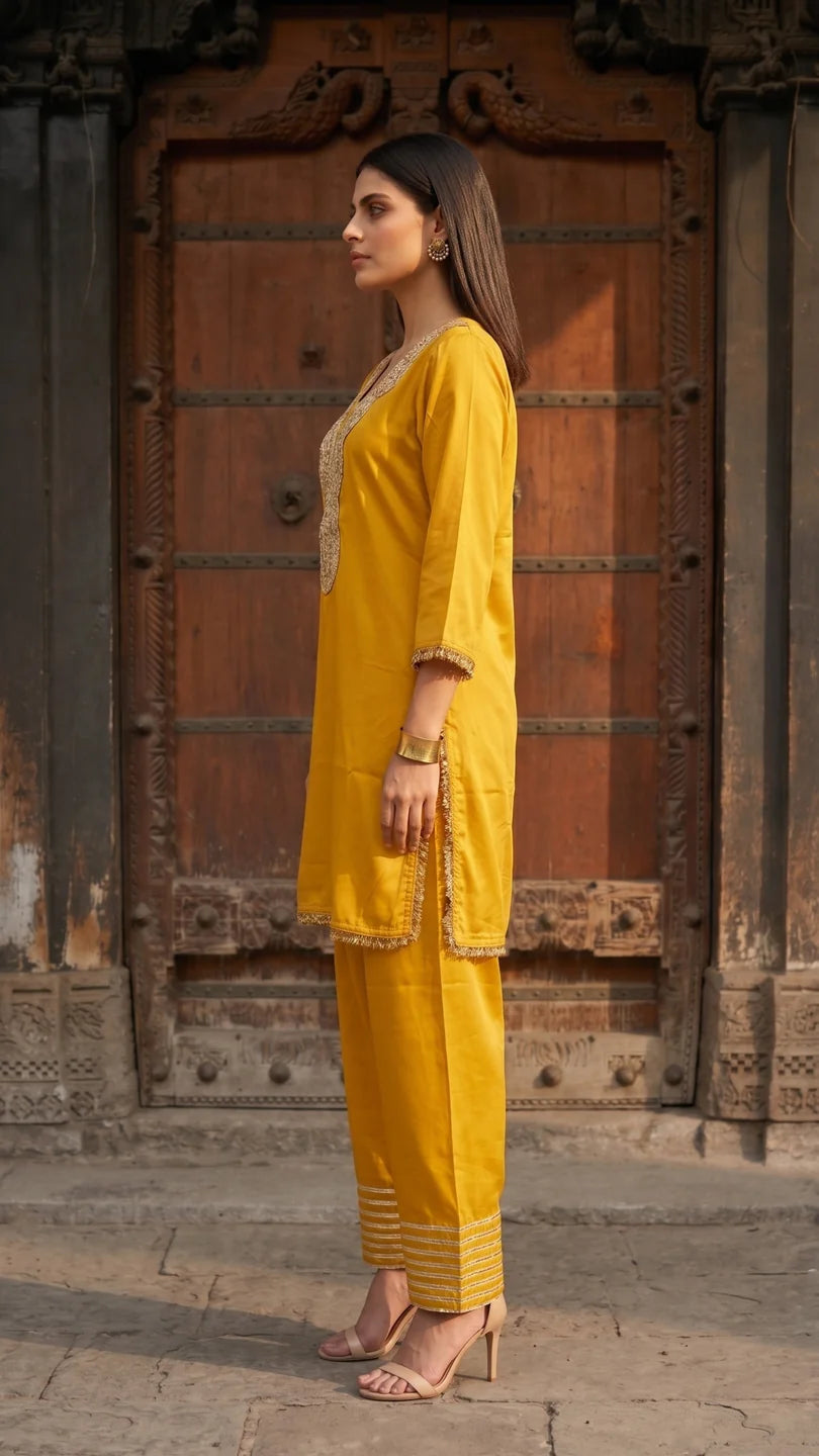 Yellow Kurta Set with V-Neck Lace Detailing & Farsi-Bottom Pants in Crepe