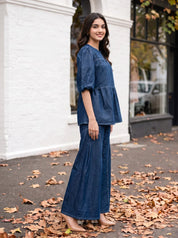 Denim Blue Cotton Denim Co-ord Set with Keyhole Neck Top & Wide Leg Pants